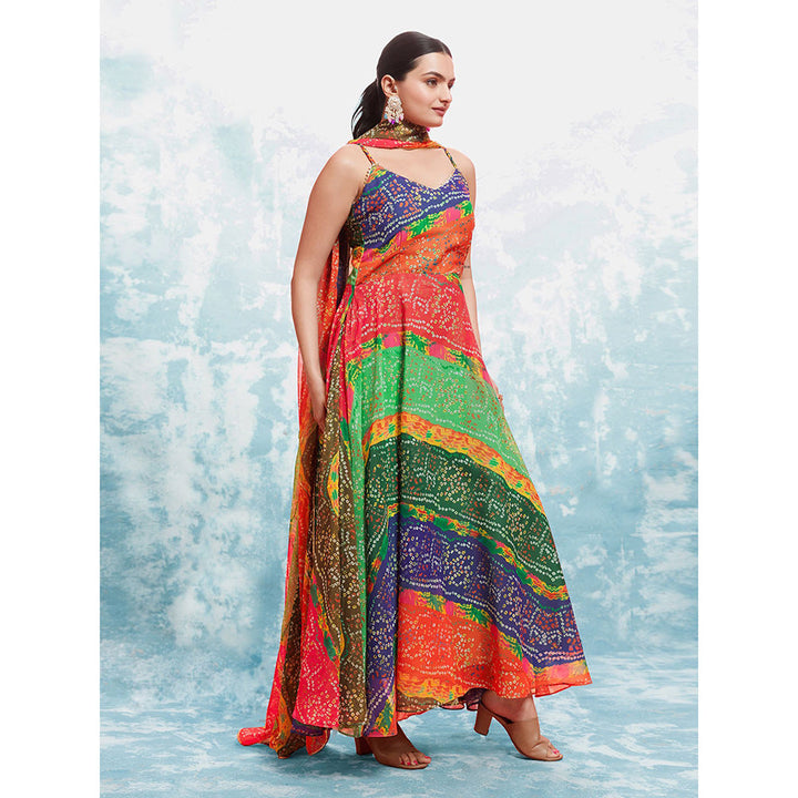 Odette Multi-Colour Georgette Printed Anarkali Kurta With Dupatta (Set of 2)