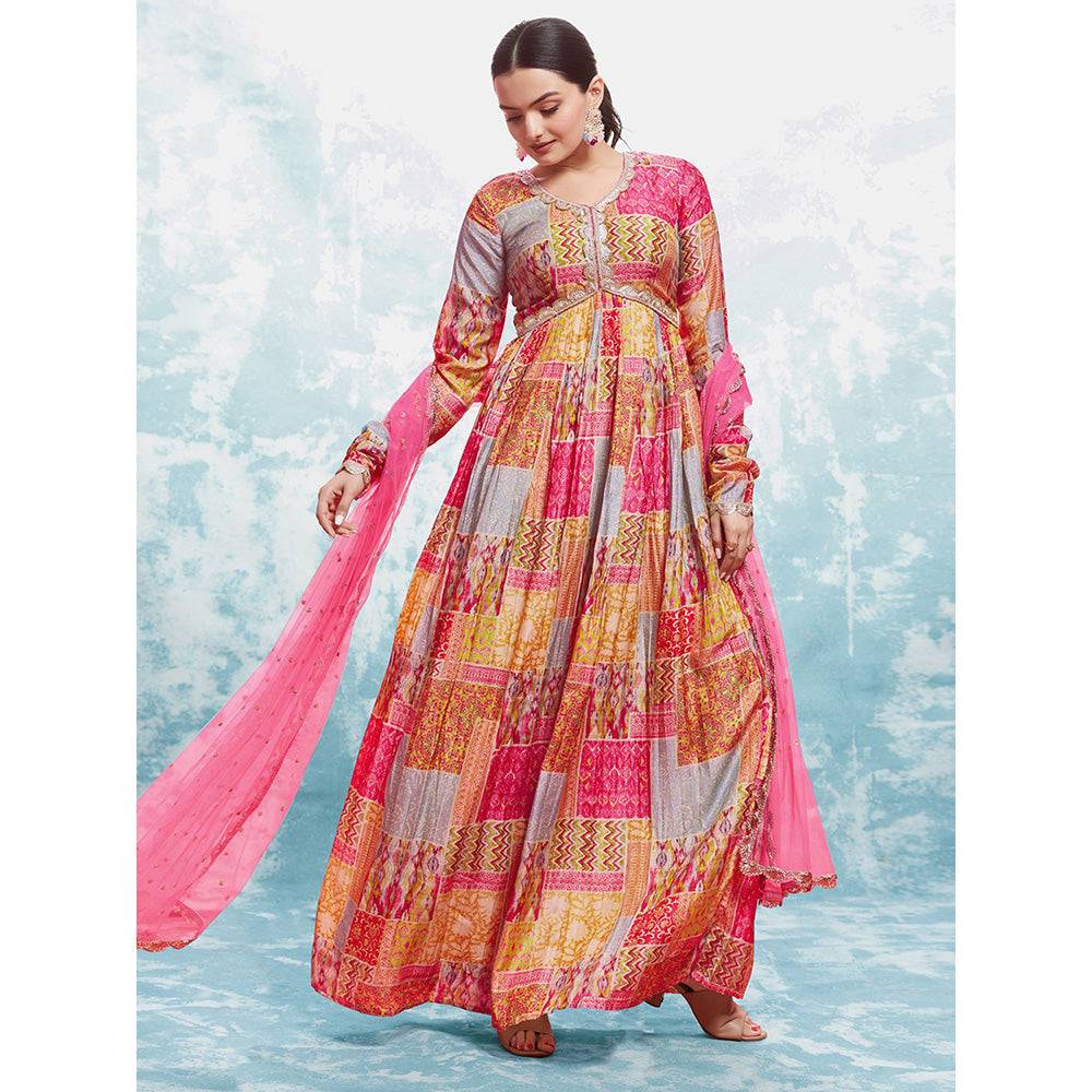 Odette Multi-Colour Georgette Printed Anarkali Kurta With Dupatta (Set of 2)