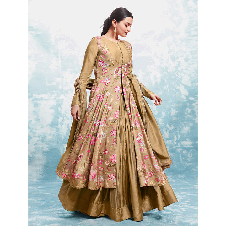 Odette Gold Georgette Floral Print Anarkali Kurta With Dupatta (Set of 2)