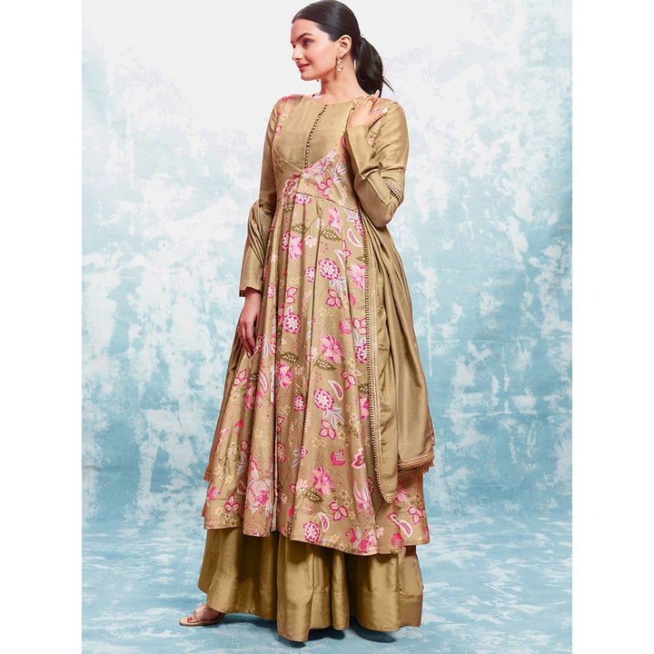 Odette Gold Georgette Floral Print Anarkali Kurta With Dupatta (Set of 2)