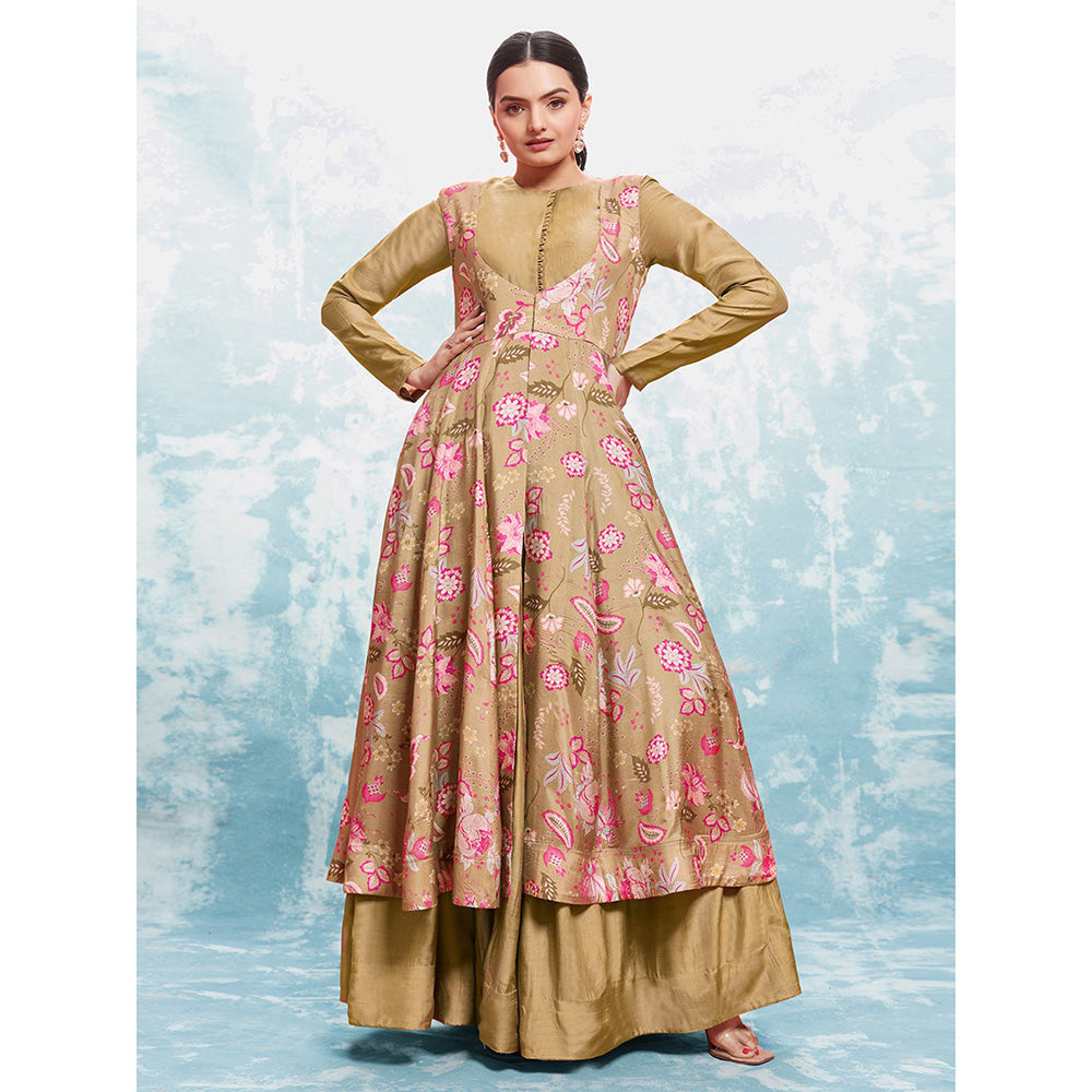 Odette Gold Georgette Floral Print Anarkali Kurta With Dupatta (Set of 2)