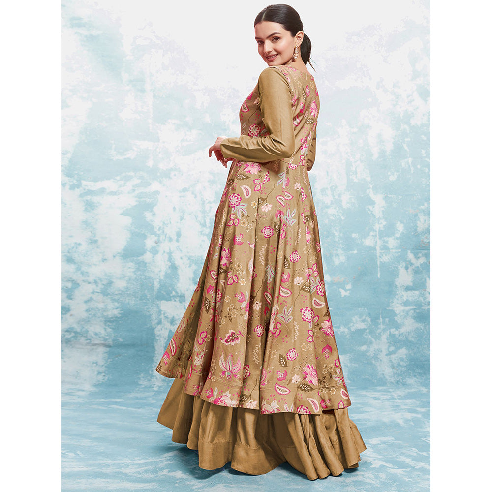 Odette Gold Georgette Floral Print Anarkali Kurta With Dupatta (Set of 2)