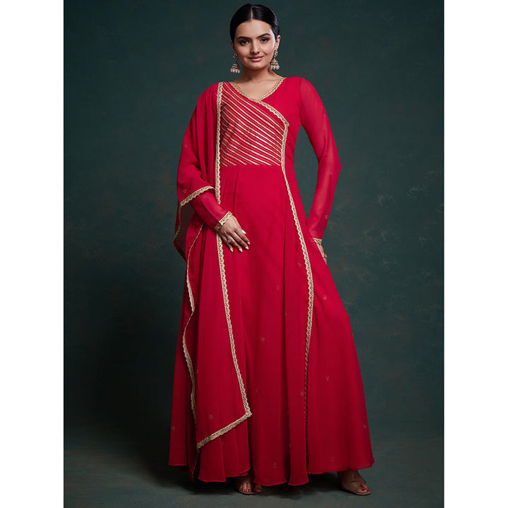 Odette Red Georgette Embellished Anarkali Kurta With Dupatta (Set of 2)