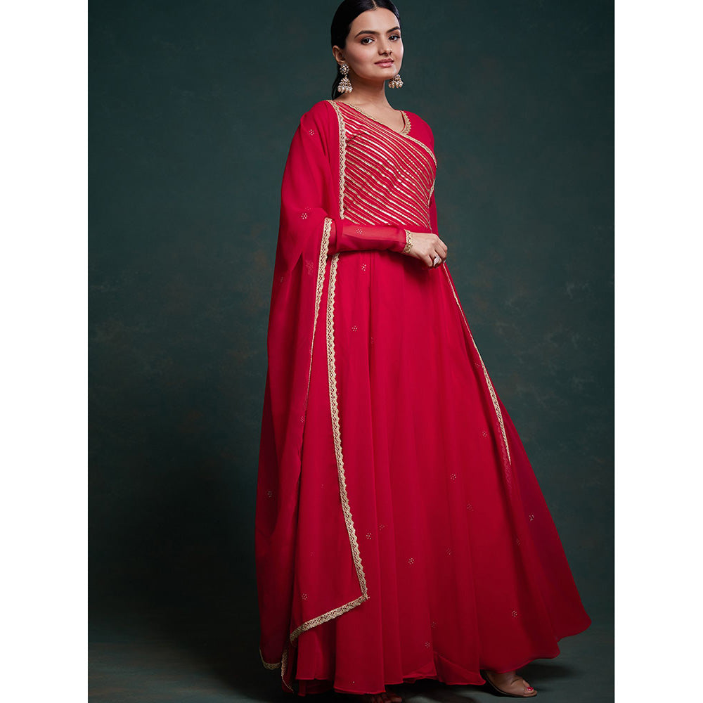 Odette Red Georgette Embellished Anarkali Kurta With Dupatta (Set of 2)