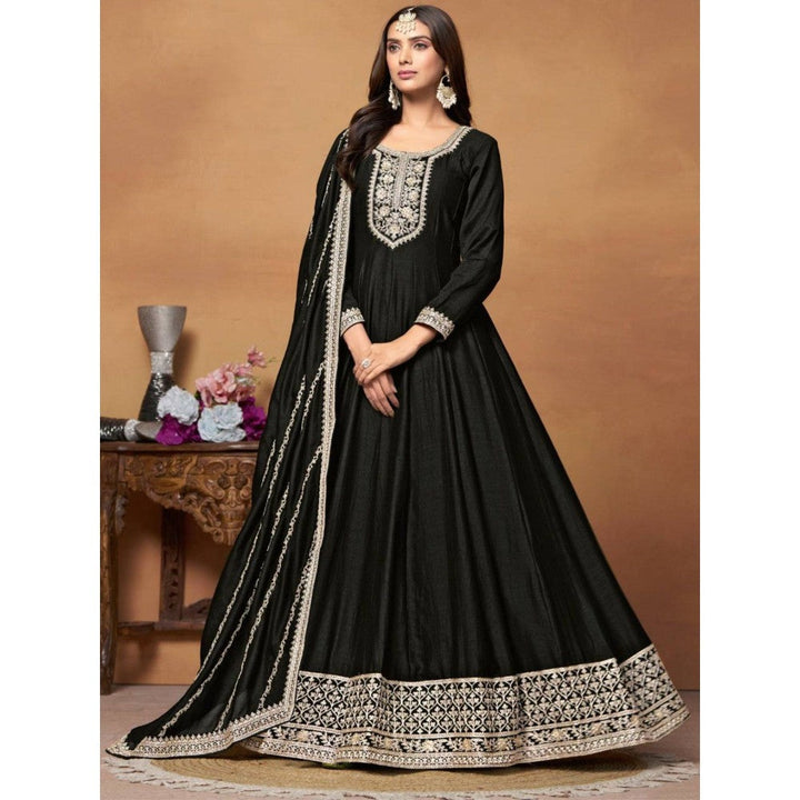 Odette Black Embroidered Art Silk Unstitched Gown with Dupatta for Women (Set of 2)