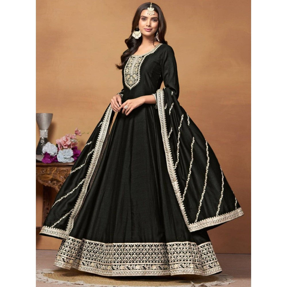 Odette Black Embroidered Art Silk Unstitched Gown with Dupatta for Women (Set of 2)