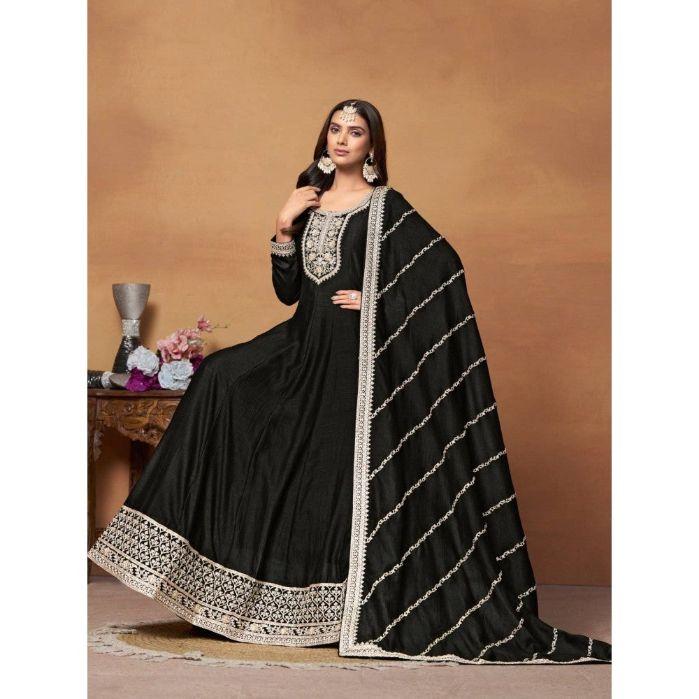 Odette Black Embroidered Art Silk Unstitched Gown with Dupatta for Women (Set of 2)