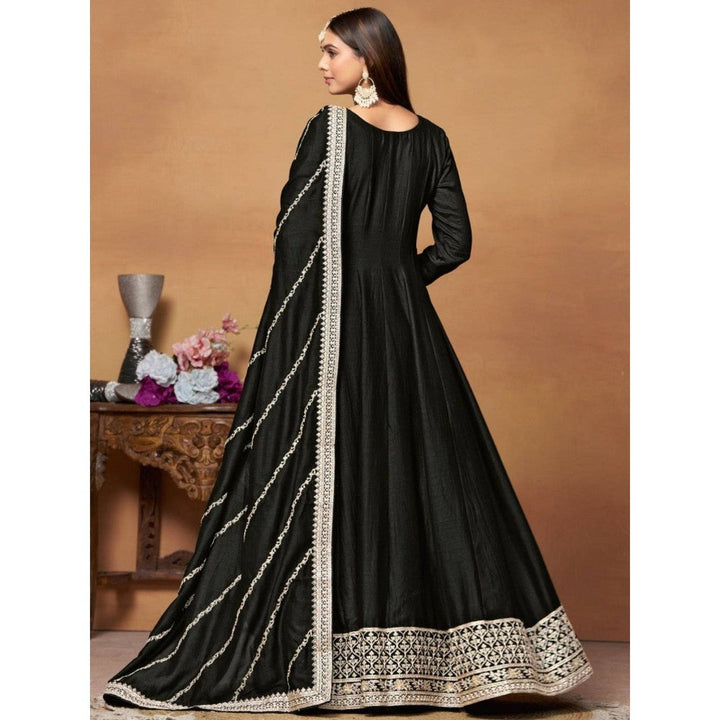 Odette Black Embroidered Art Silk Unstitched Gown with Dupatta for Women (Set of 2)