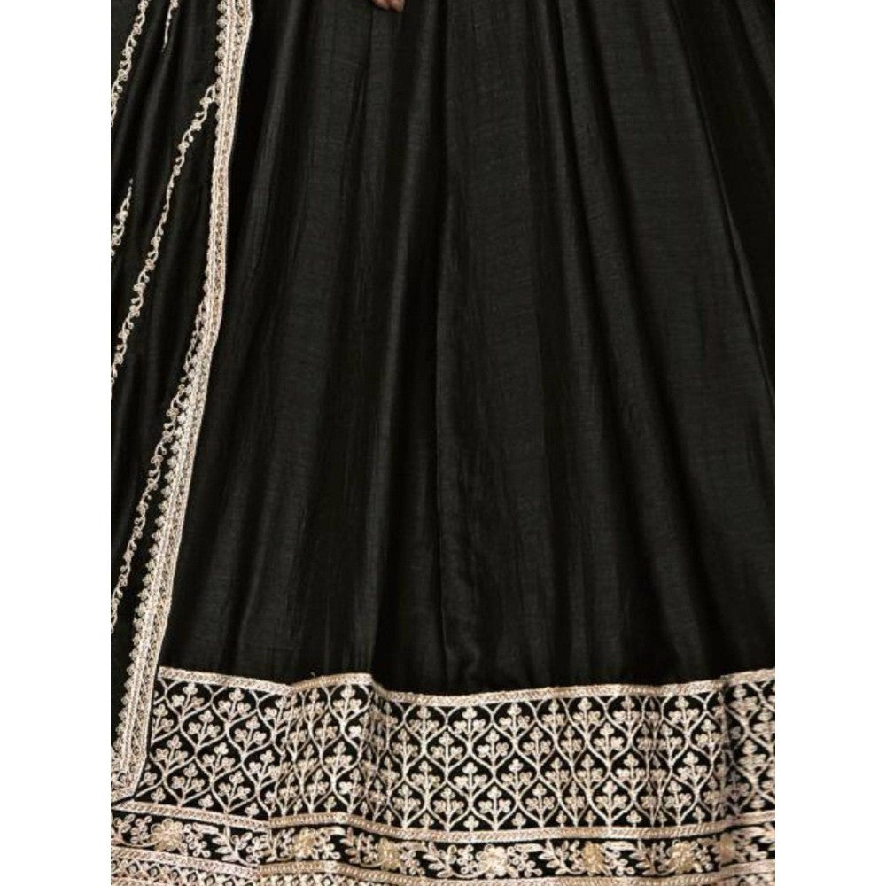 Odette Black Embroidered Art Silk Unstitched Gown with Dupatta for Women (Set of 2)