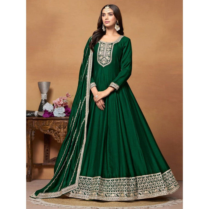 Odette Green Embroidered Art Silk Unstitched Gown with Dupatta for Women (Set of 2)