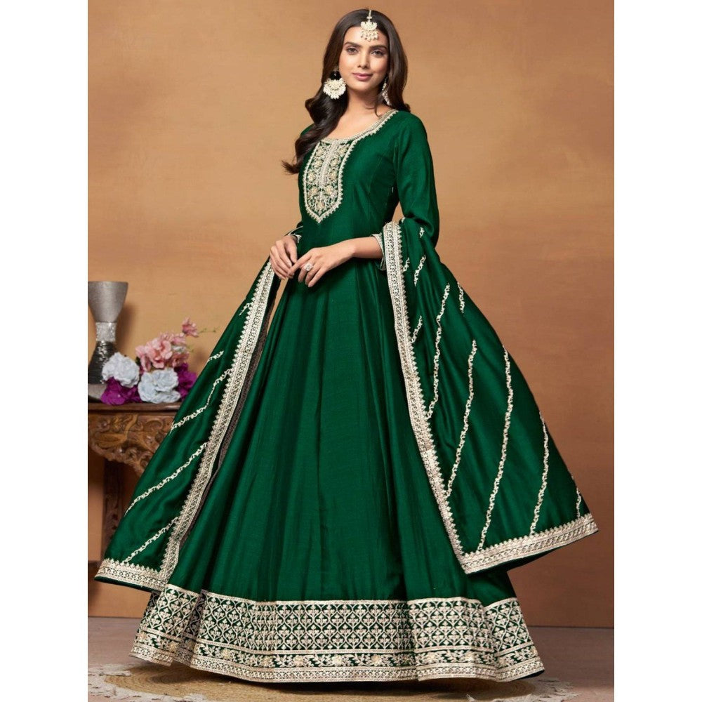 Odette Green Embroidered Art Silk Unstitched Gown with Dupatta for Women (Set of 2)