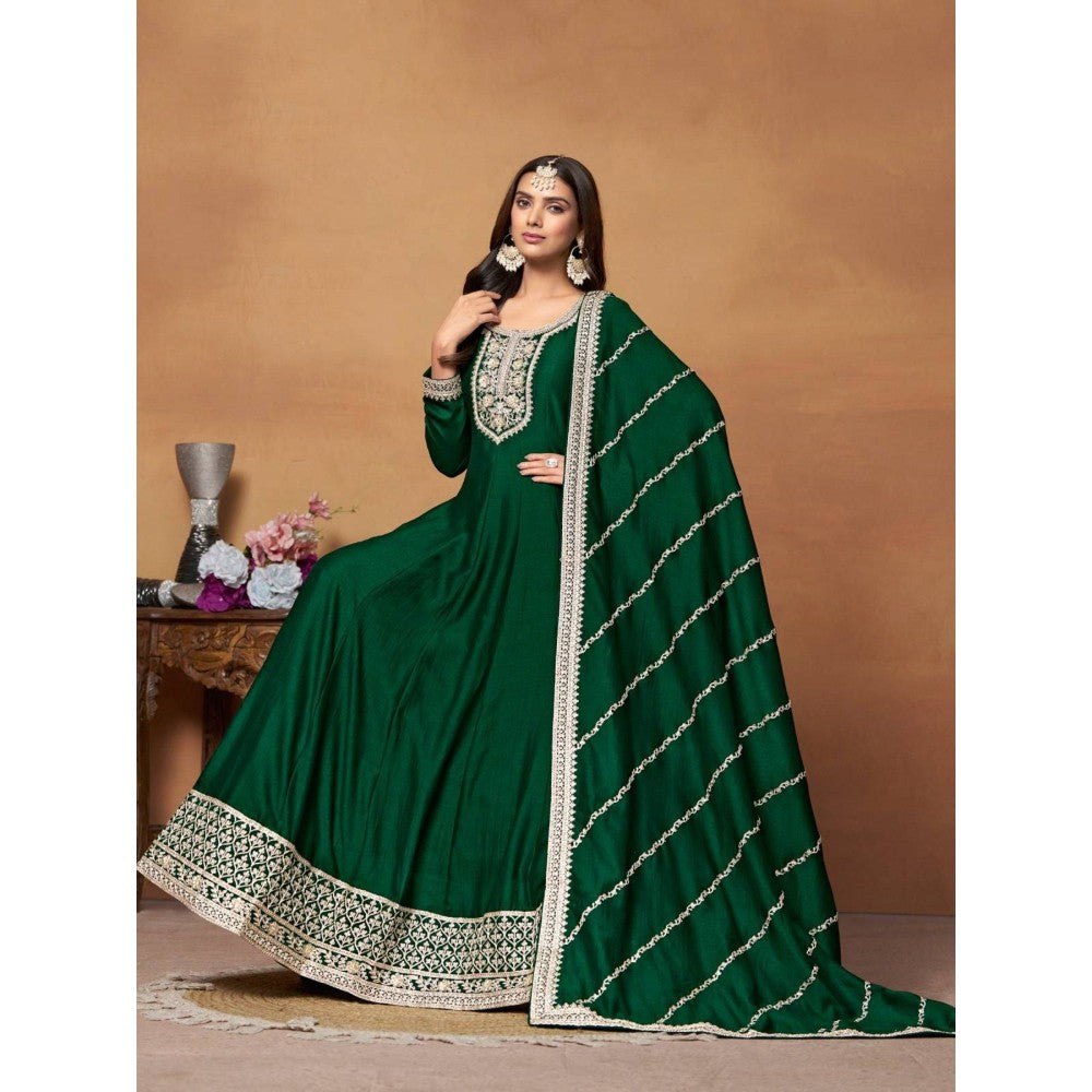 Odette Green Embroidered Art Silk Unstitched Gown with Dupatta for Women (Set of 2)