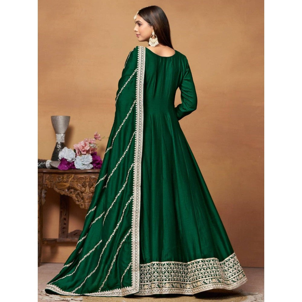 Odette Green Embroidered Art Silk Unstitched Gown with Dupatta for Women (Set of 2)