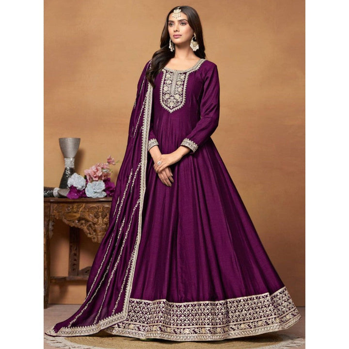 Odette Purple Embroidered Art Silk Unstitched Gown with Dupatta for Women (Set of 2)