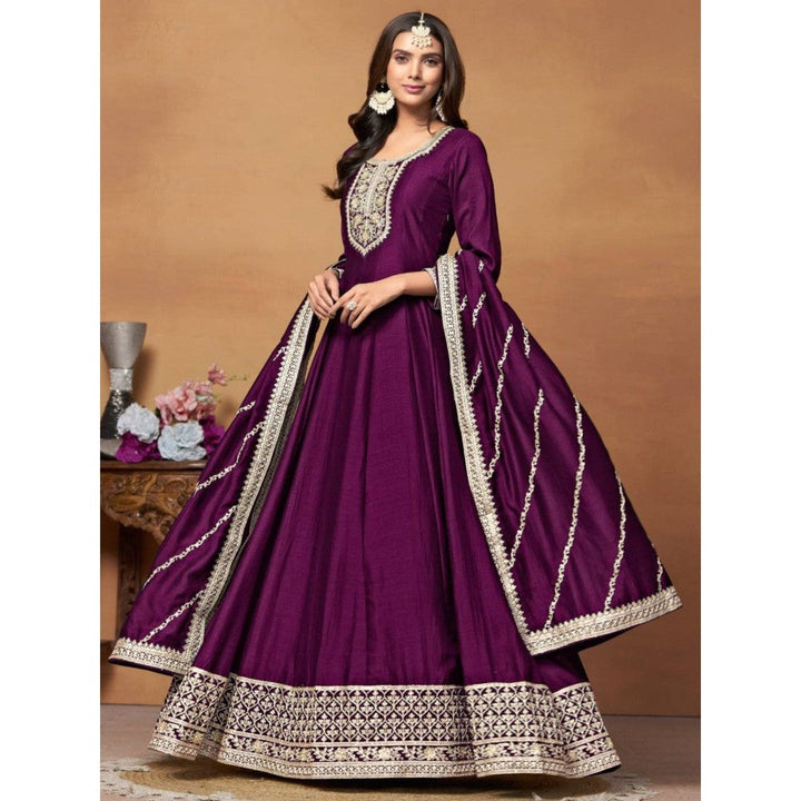 Odette Purple Embroidered Art Silk Unstitched Gown with Dupatta for Women (Set of 2)