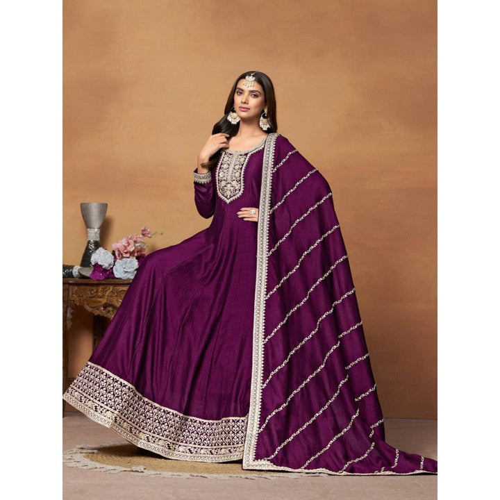 Odette Purple Embroidered Art Silk Unstitched Gown with Dupatta for Women (Set of 2)