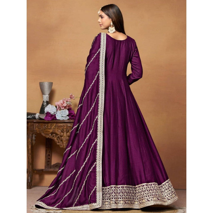 Odette Purple Embroidered Art Silk Unstitched Gown with Dupatta for Women (Set of 2)