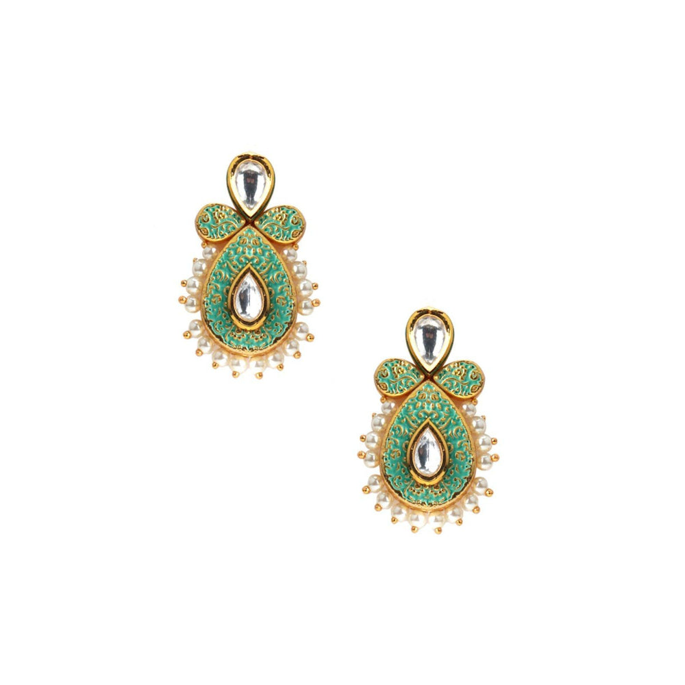 Odette Women Tinted Soothing Green Kundan-Pearl Ethnic Earrings