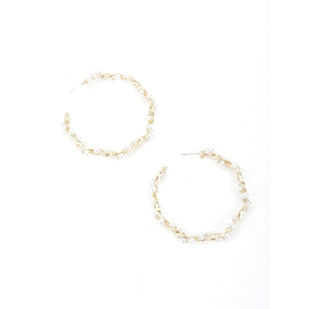 Odette Women Wavy Gold Tone White Pearl Hoops