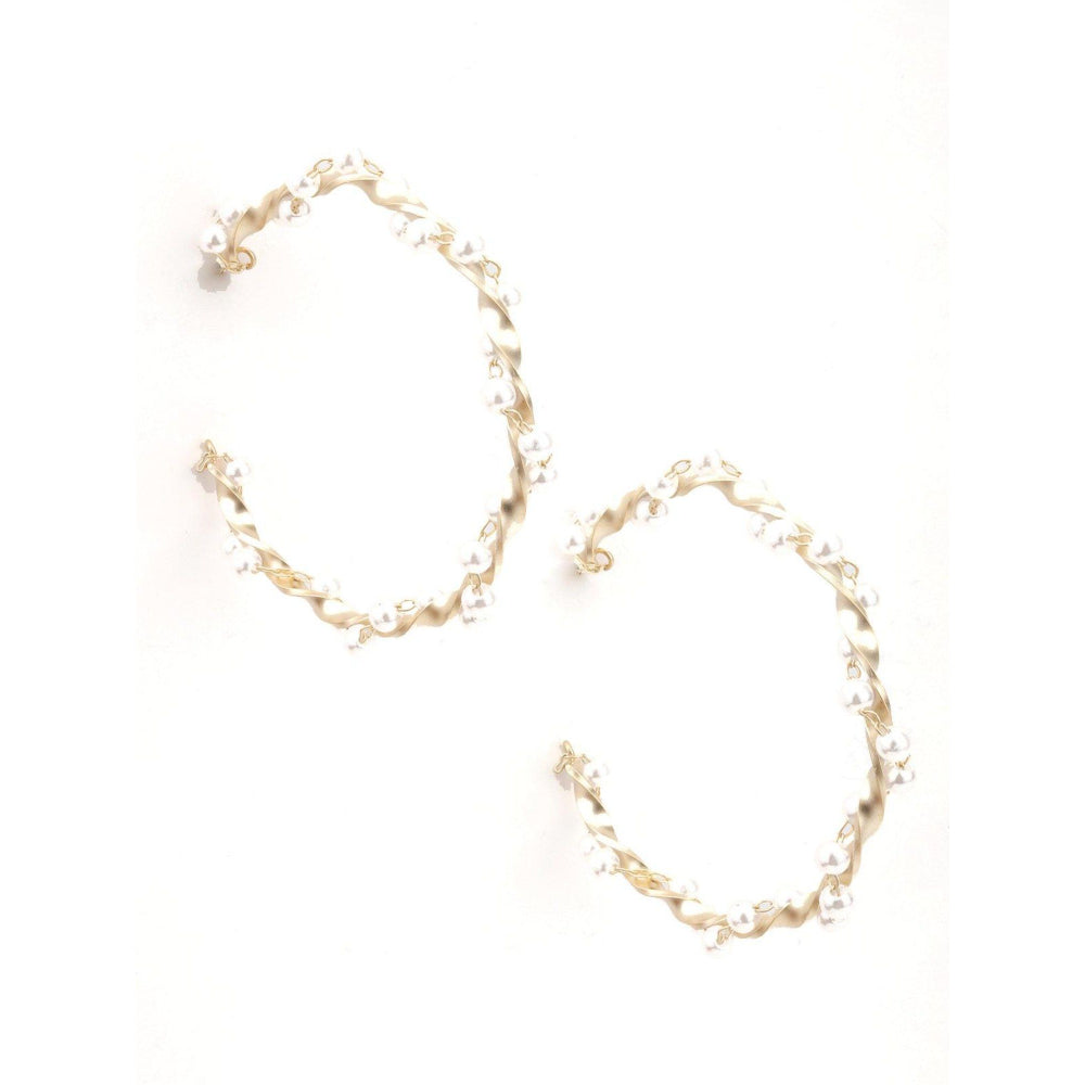 Odette Women Wavy Gold Tone White Pearl Hoops