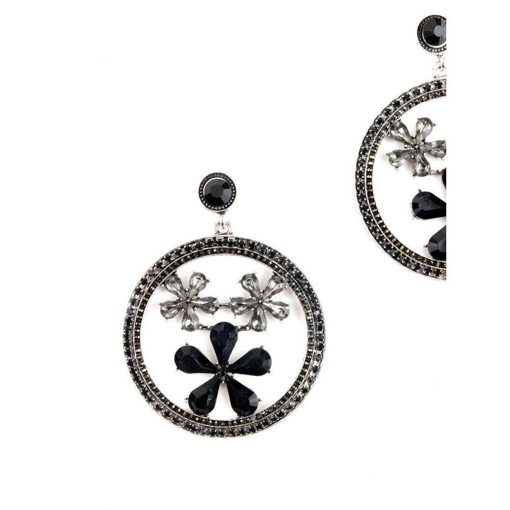 Odette Women Round Black Metal Black-Clear Stone-Studded Dangle Earrings