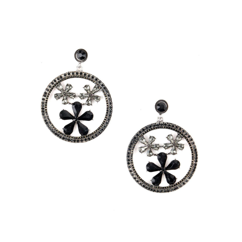 Odette Women Round Black Metal Black-Clear Stone-Studded Dangle Earrings