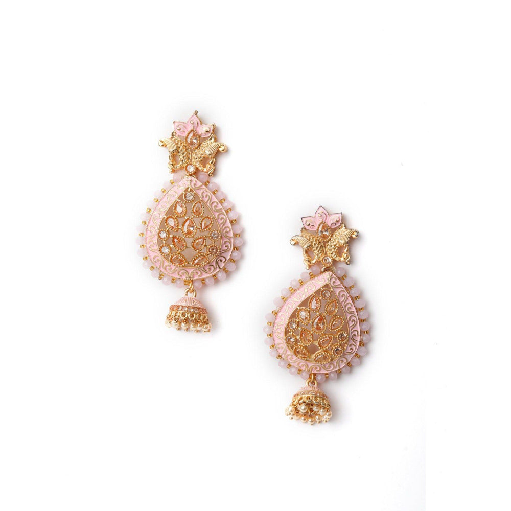 Odette Women Pink Enameled Leafy Dangle Earrings