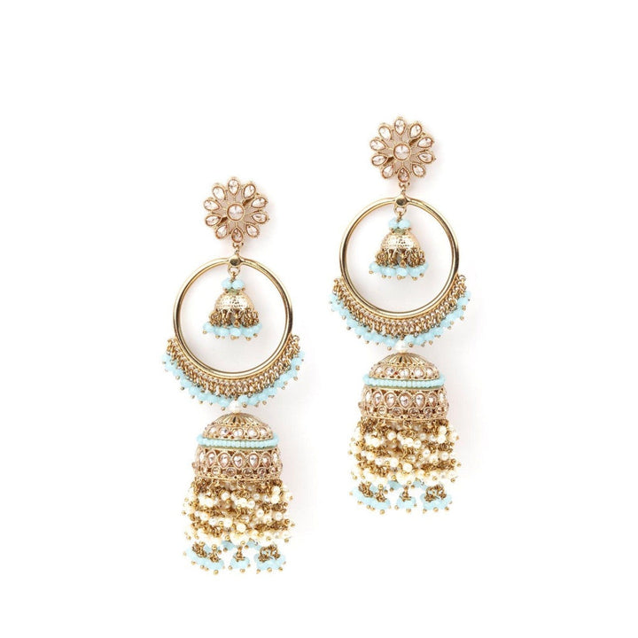 Odette Women Golden Ornate Sea Blue Stone Jhumka Earrings