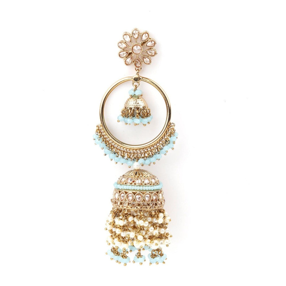 Odette Women Golden Ornate Sea Blue Stone Jhumka Earrings