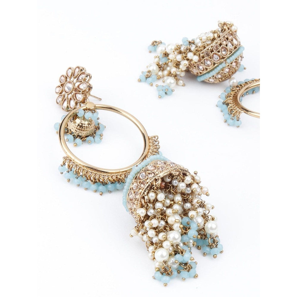 Odette Women Golden Ornate Sea Blue Stone Jhumka Earrings