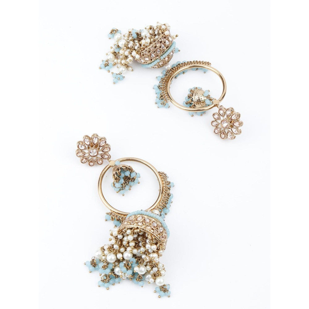 Odette Women Golden Ornate Sea Blue Stone Jhumka Earrings