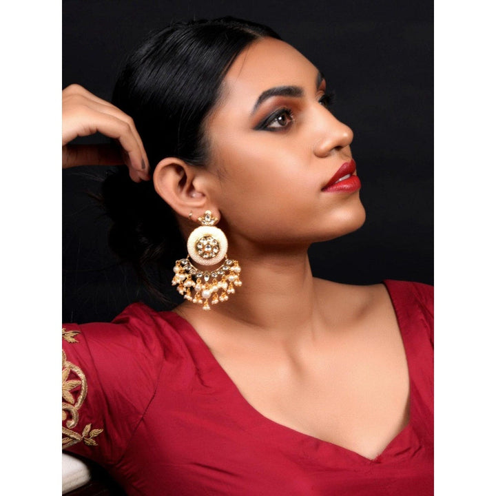 Odette Women Enameled Kundan-Pearl Chandbali Earrings!