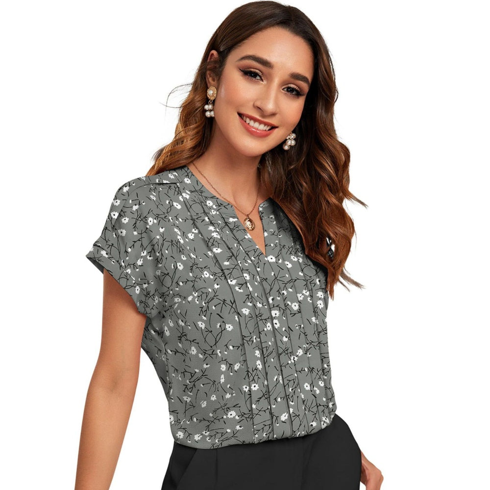 Odette Women Grey Cotton Blend Floral Printed Top