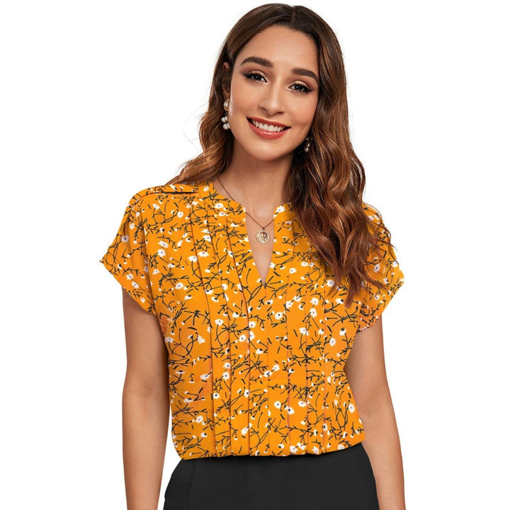 Odette Women Yellow Cotton Blend Floral Printed Top