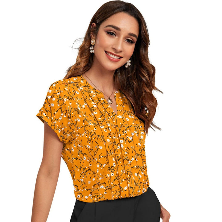 Odette Women Yellow Cotton Blend Floral Printed Top