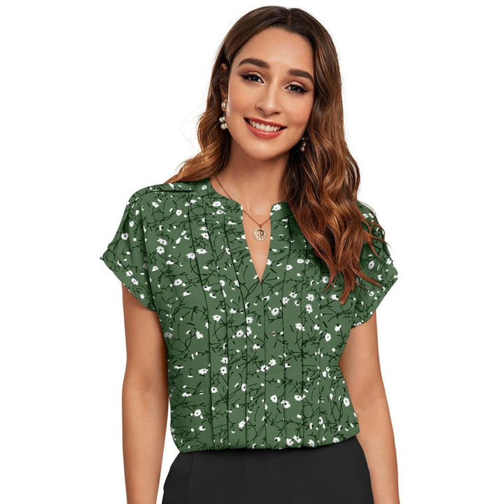 Odette Women Green Cotton Blend Floral Printed Top