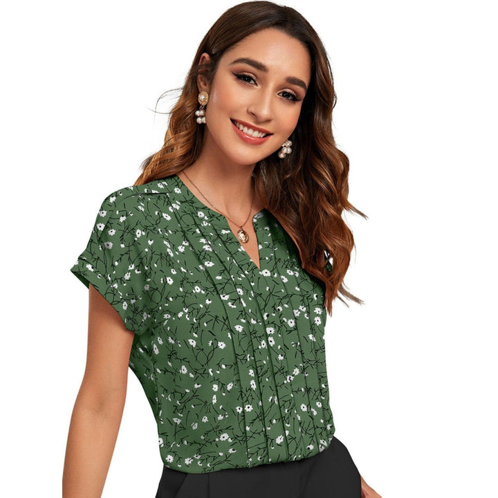 Odette Women Green Cotton Blend Floral Printed Top