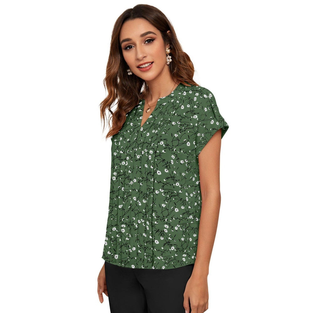 Odette Women Green Cotton Blend Floral Printed Top