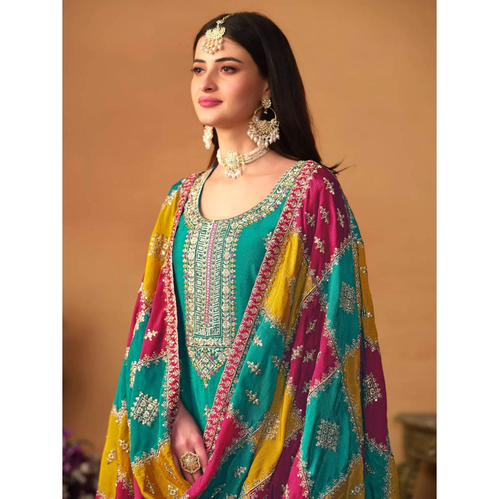 Odette Green Embroidered & Embellished Unstitched Top with Bottom and Dupatta (Set of 3)