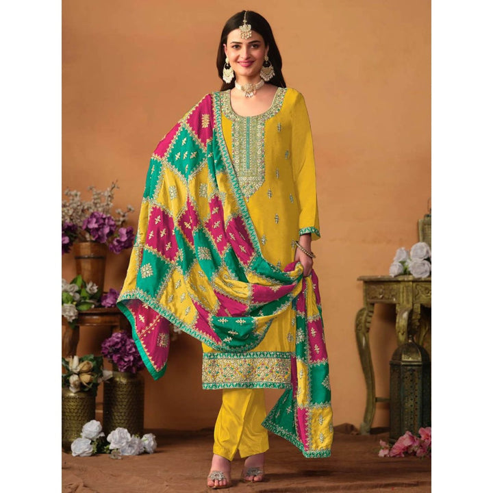 Odette Yellow Embroidered & Embellished Unstitched Top with Bottom and Dupatta (Set of 3)