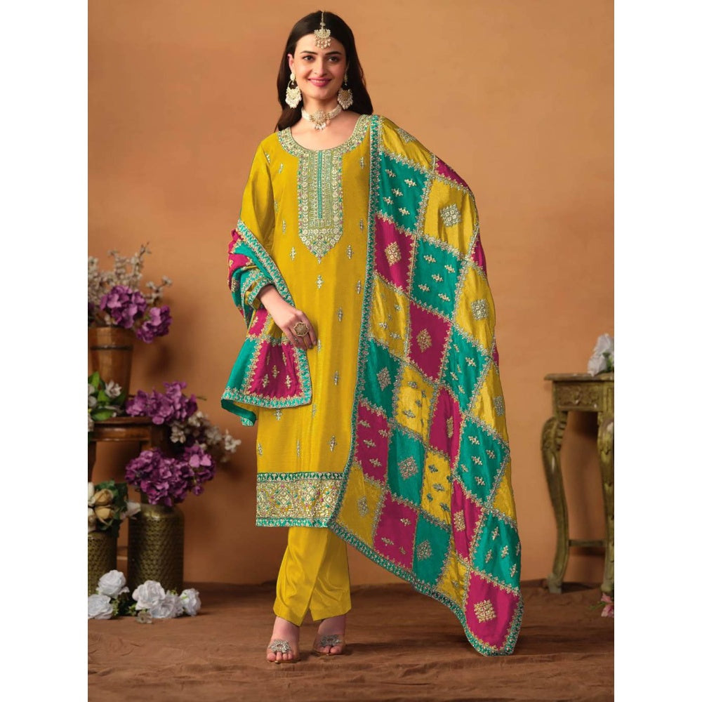 Odette Yellow Embroidered & Embellished Unstitched Top with Bottom and Dupatta (Set of 3)