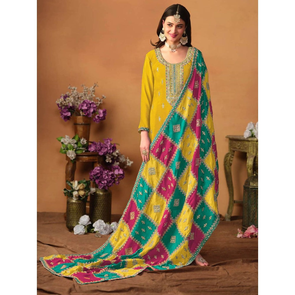 Odette Yellow Embroidered & Embellished Unstitched Top with Bottom and Dupatta (Set of 3)