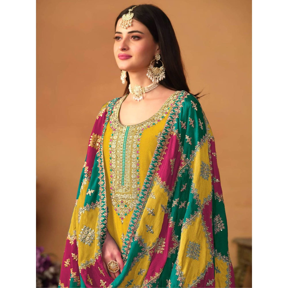 Odette Yellow Embroidered & Embellished Unstitched Top with Bottom and Dupatta (Set of 3)