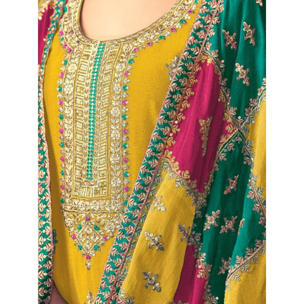 Odette Yellow Embroidered & Embellished Unstitched Top with Bottom and Dupatta (Set of 3)