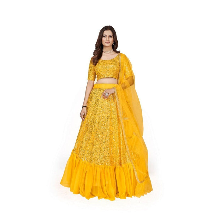 Odette Women Yellow Georgette Semi-Stitched Lehenga With Unstitched Blouse & Dupatta (Set of 3)