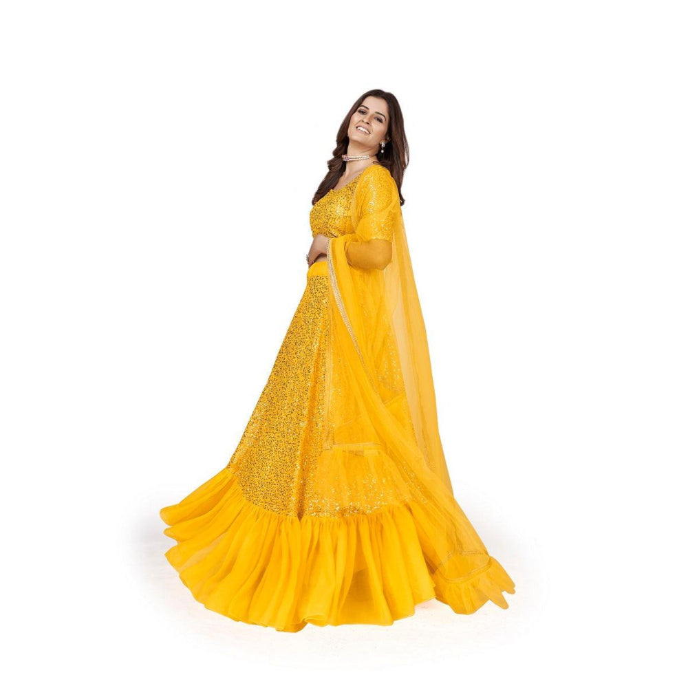 Odette Women Yellow Georgette Semi-Stitched Lehenga With Unstitched Blouse & Dupatta (Set of 3)