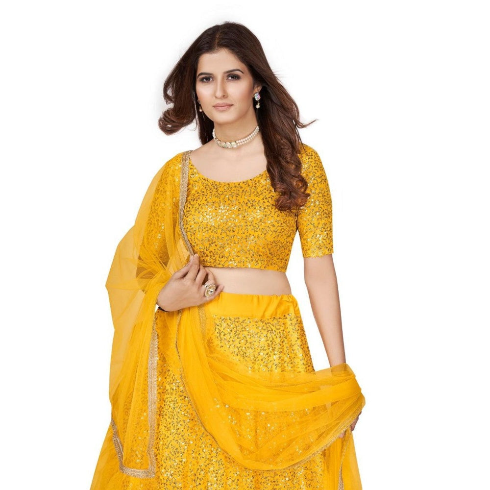 Odette Women Yellow Georgette Semi-Stitched Lehenga With Unstitched Blouse & Dupatta (Set of 3)