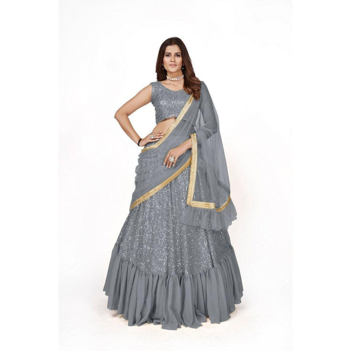 Odette Women Grey Georgette Semi-Stitched Lehenga With Unstitched Blouse & Dupatta (Set of 3)