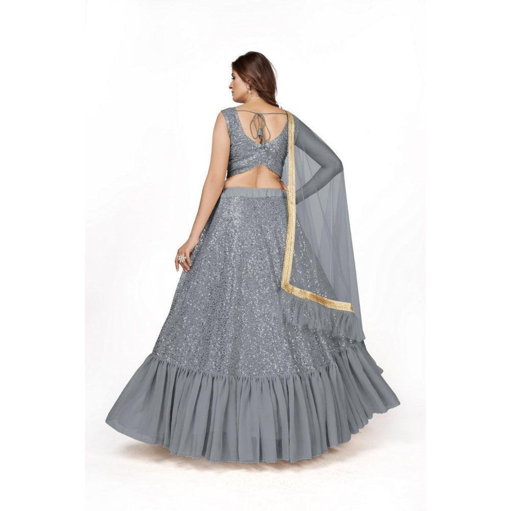 Odette Women Grey Georgette Semi-Stitched Lehenga With Unstitched Blouse & Dupatta (Set of 3)