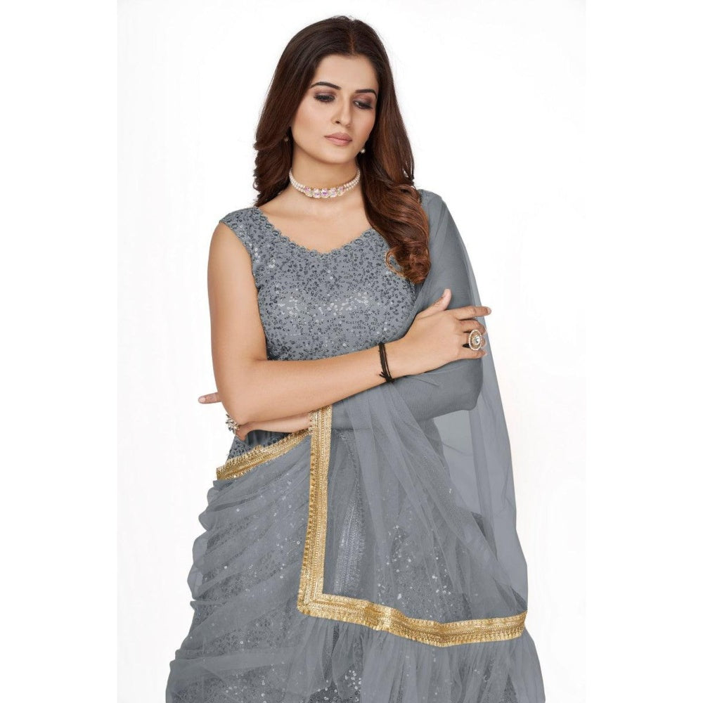 Odette Women Grey Georgette Semi-Stitched Lehenga With Unstitched Blouse & Dupatta (Set of 3)